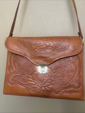 Vintage Tooled Floral Tan Leather Crossbody Bag with Gold Hardware